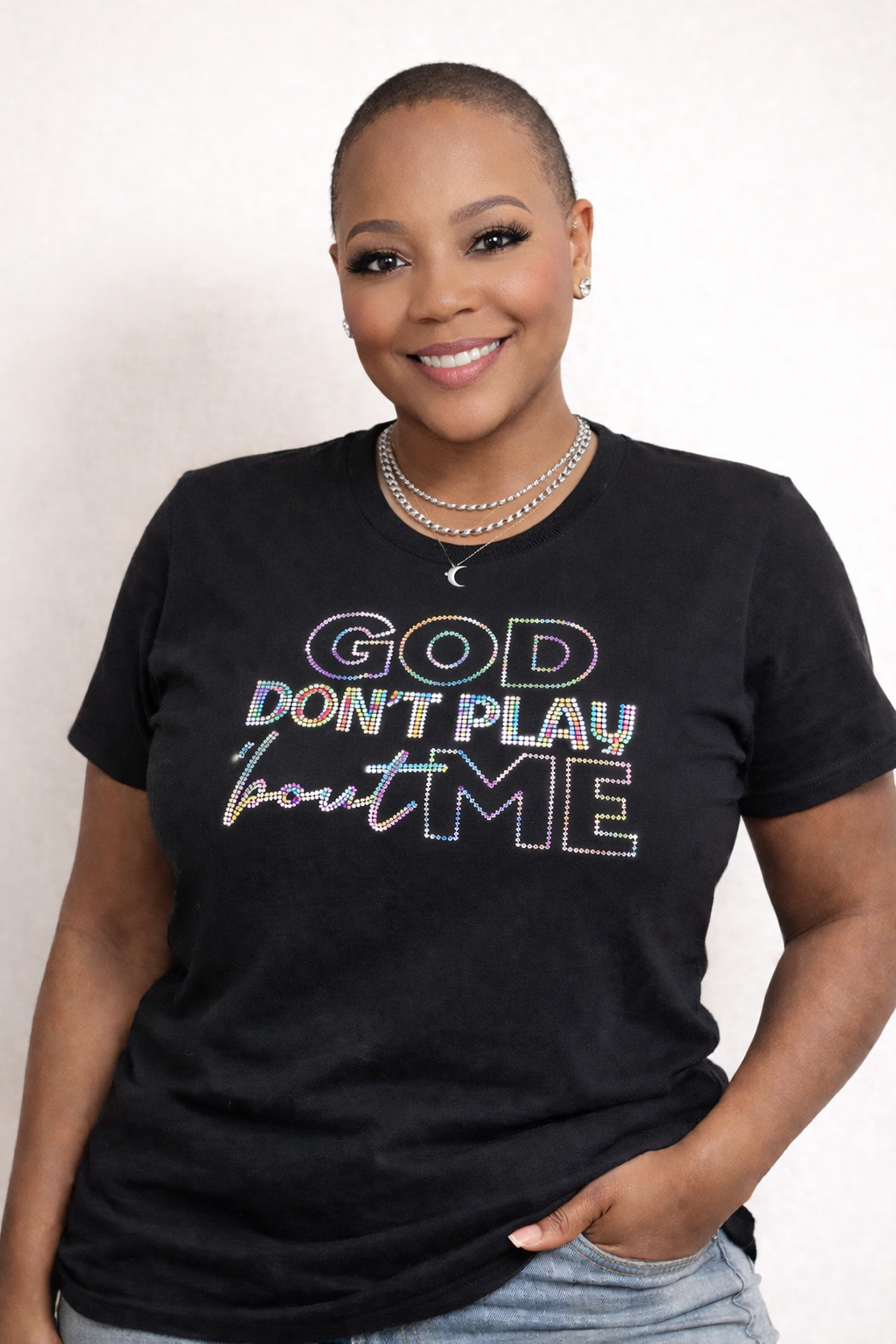 God Don’t Play About Me Iridescent Rhinestone T-Shirt | Faith Statement Tee