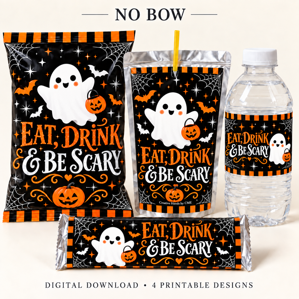 No Bow version: ghosts with plain black circle eyes; four printable Halloween favors