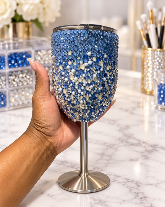 Ready to Ship — Blue & Silver Ombré Rhinestone Wine Goblet | 10 oz Stemmed