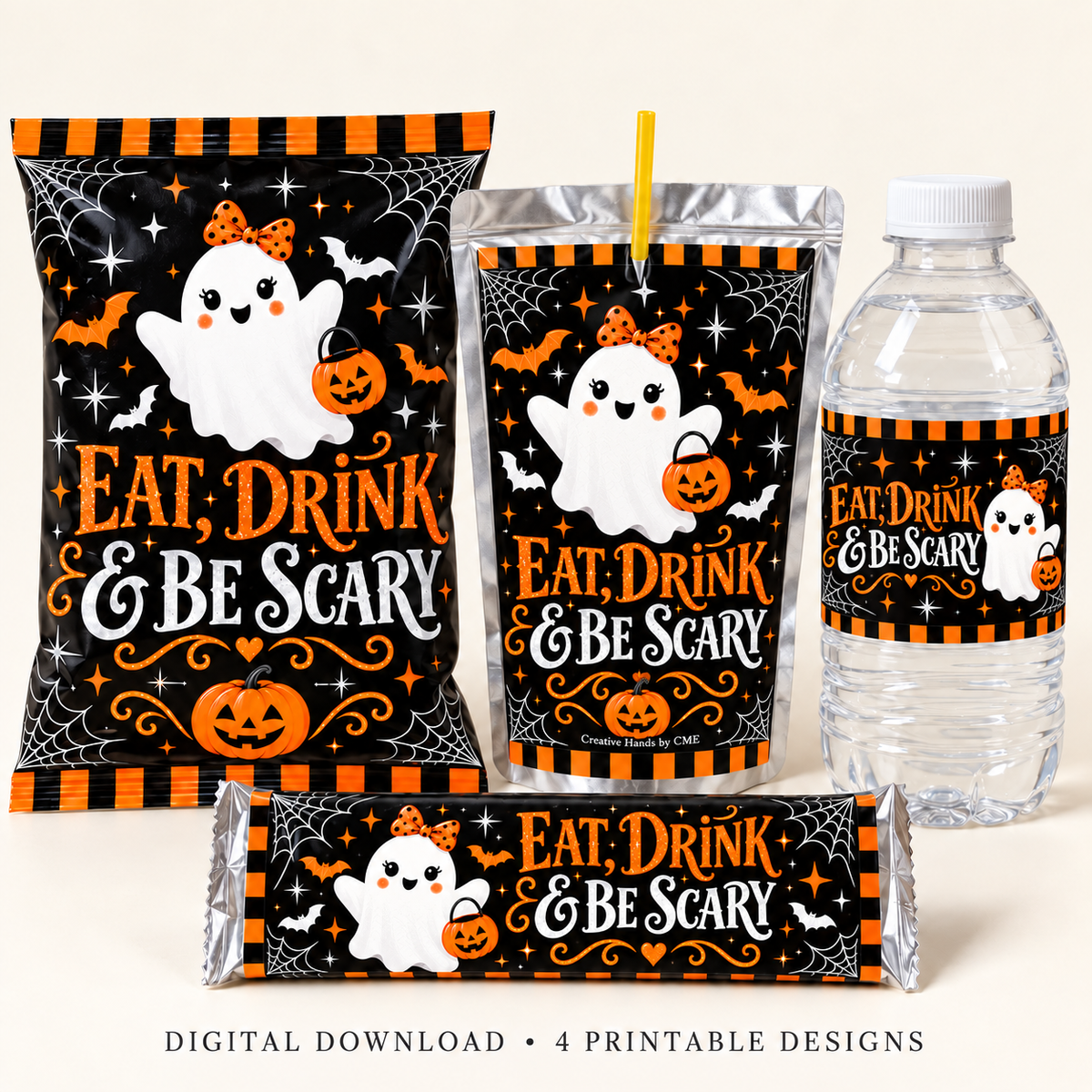 Assembled Halloween favors featuring orange bow ghosts; digital printable bundle