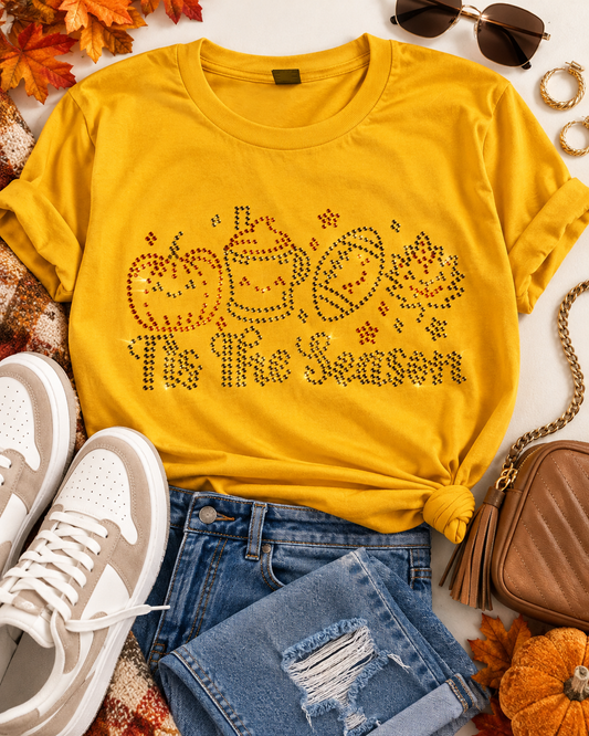 Styled flat-lay of Ready to Ship — 'Tis the Season Rhinestone T-Shirt | Mustard Yellow with jeans and sneakers