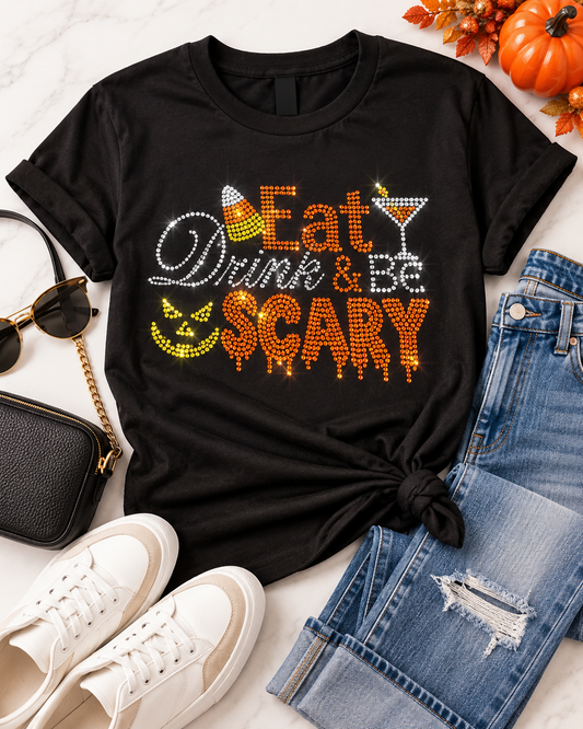 Styled flat-lay of Ready to Ship — Eat, Drink & Be Scary Rhinestone T-Shirt | Black with jeans and sneakers