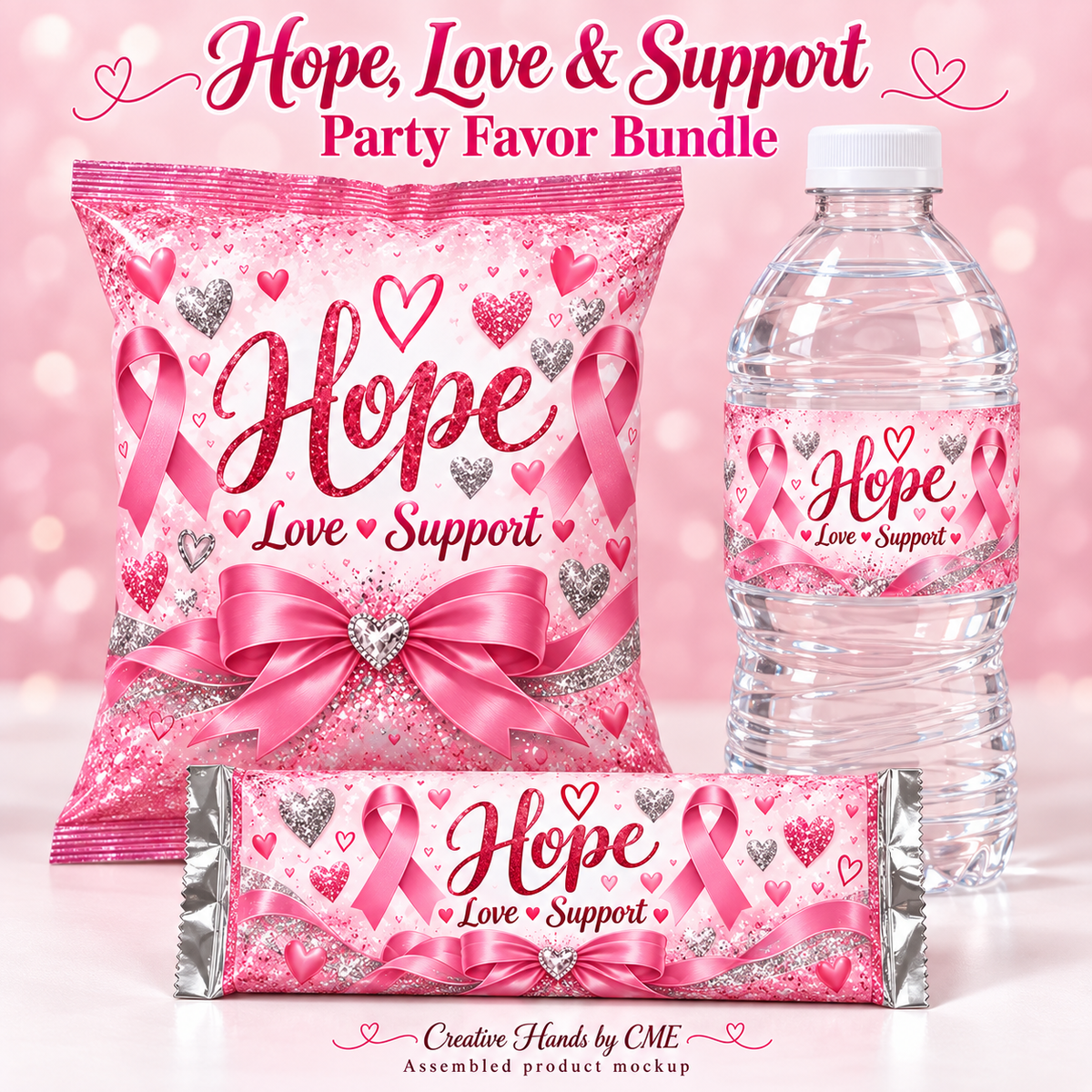 Hope Love and Support pink chip bag, labeled water bottle and wrapped candy bar mockup