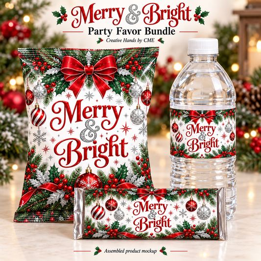 Merry and Bright Christmas chip bag, labeled water bottle and wrapped candy bar mockup